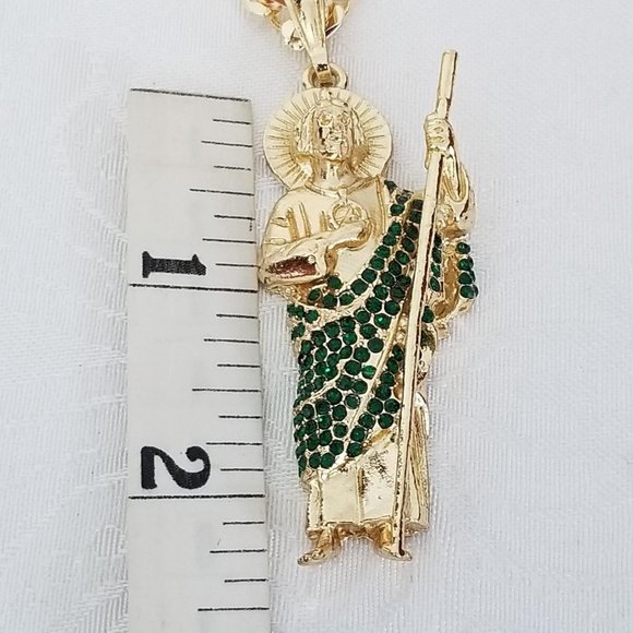 14K Gold Plated Green Rhinestones Saint Jude Men's Necklace - Picture 3 of 4